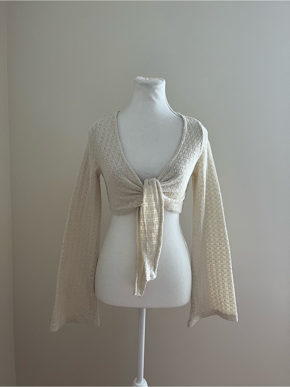 twik Cream Tie-Front V-Neck Knit Sweater